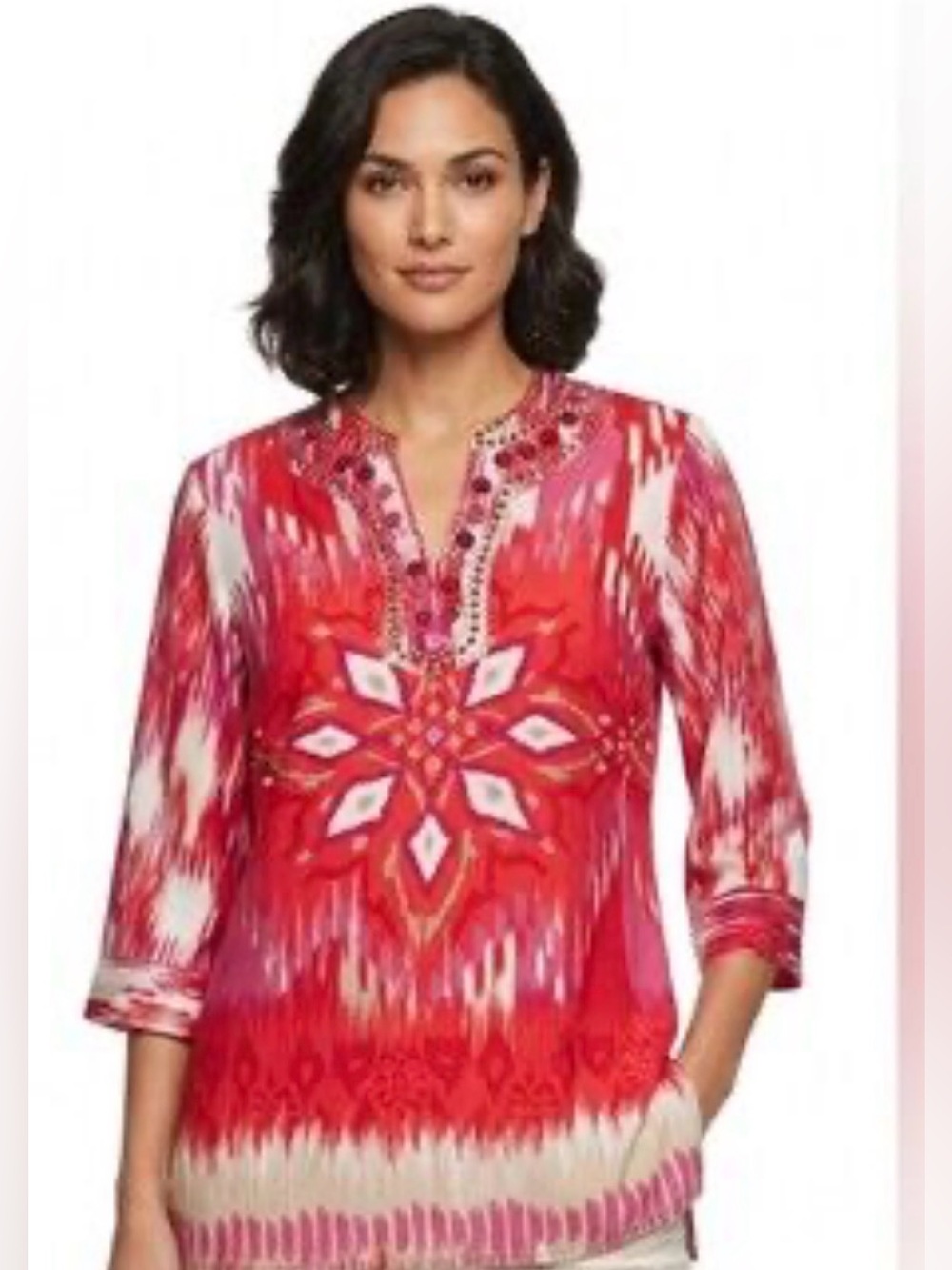 Chico's Hot Pink & Red Embellished V-Neck Tunic